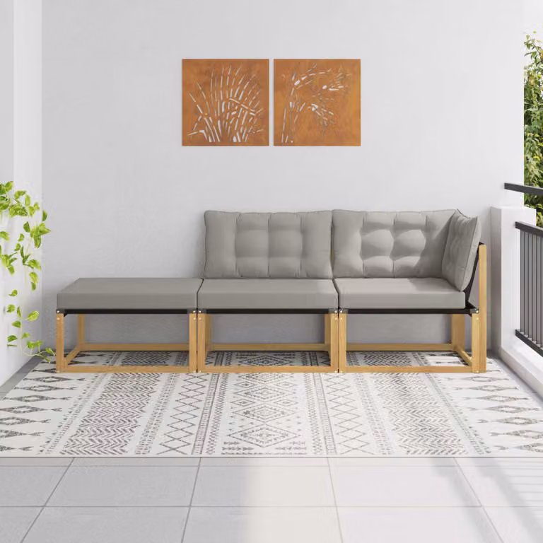 Set di divani da esterno a L vidaXL in legno di acacia con cuscini e pouf, Bianco, Grigio e Marrone