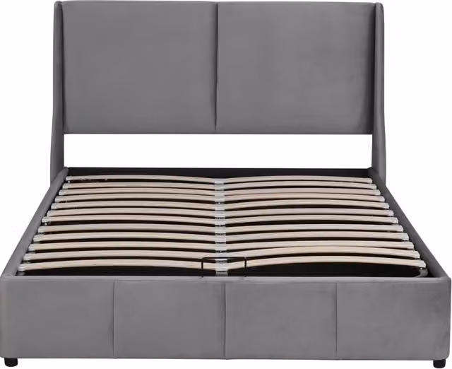 Letto imbottito matrimoniale con testiera a orecchie, contenitore idraulico, 140x190 cm, grigio