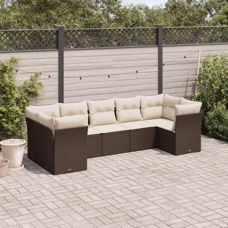 Set di divani da giardino vidaXL 7 pezzi in polyrattan marrone con cuscini bianchi e struttura a L