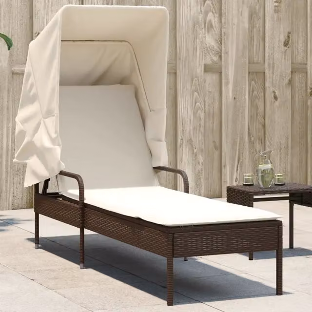 Lettino prendisole in polyrattan marrone e bianco con baldacchino e poggiatesta regolabile per giardino e terrazzo