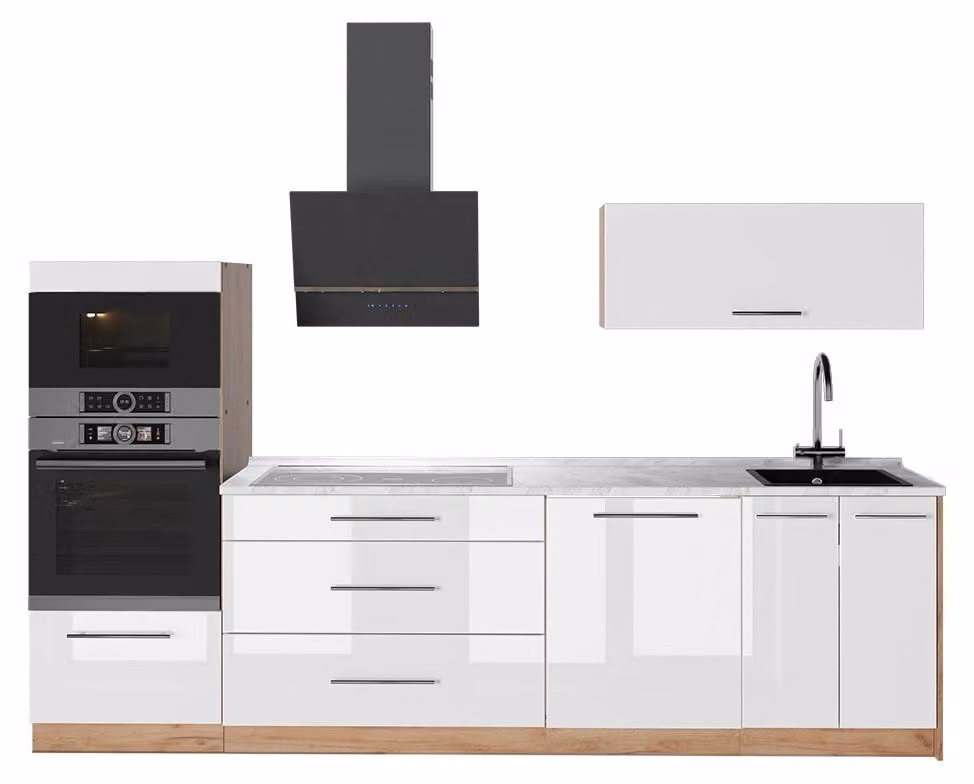 Cucina componibile Vicco Fame-Line Bianco lucido/Rovere dorato 280 cm, PL Marmo, Model 64701