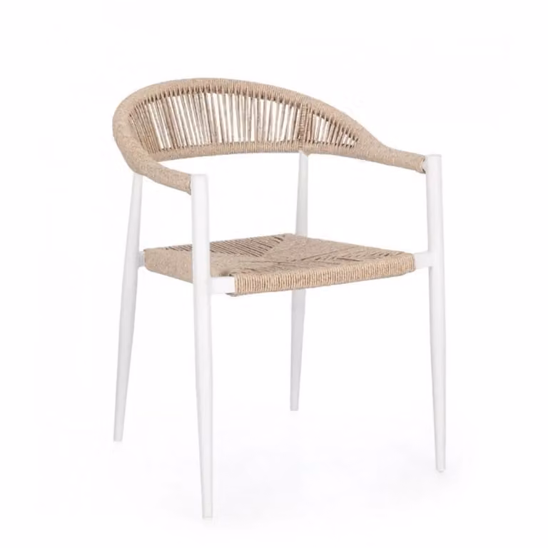 Set di 4 sedie JANDIA in alluminio bianco e fibre intrecciate beige, impilabili
