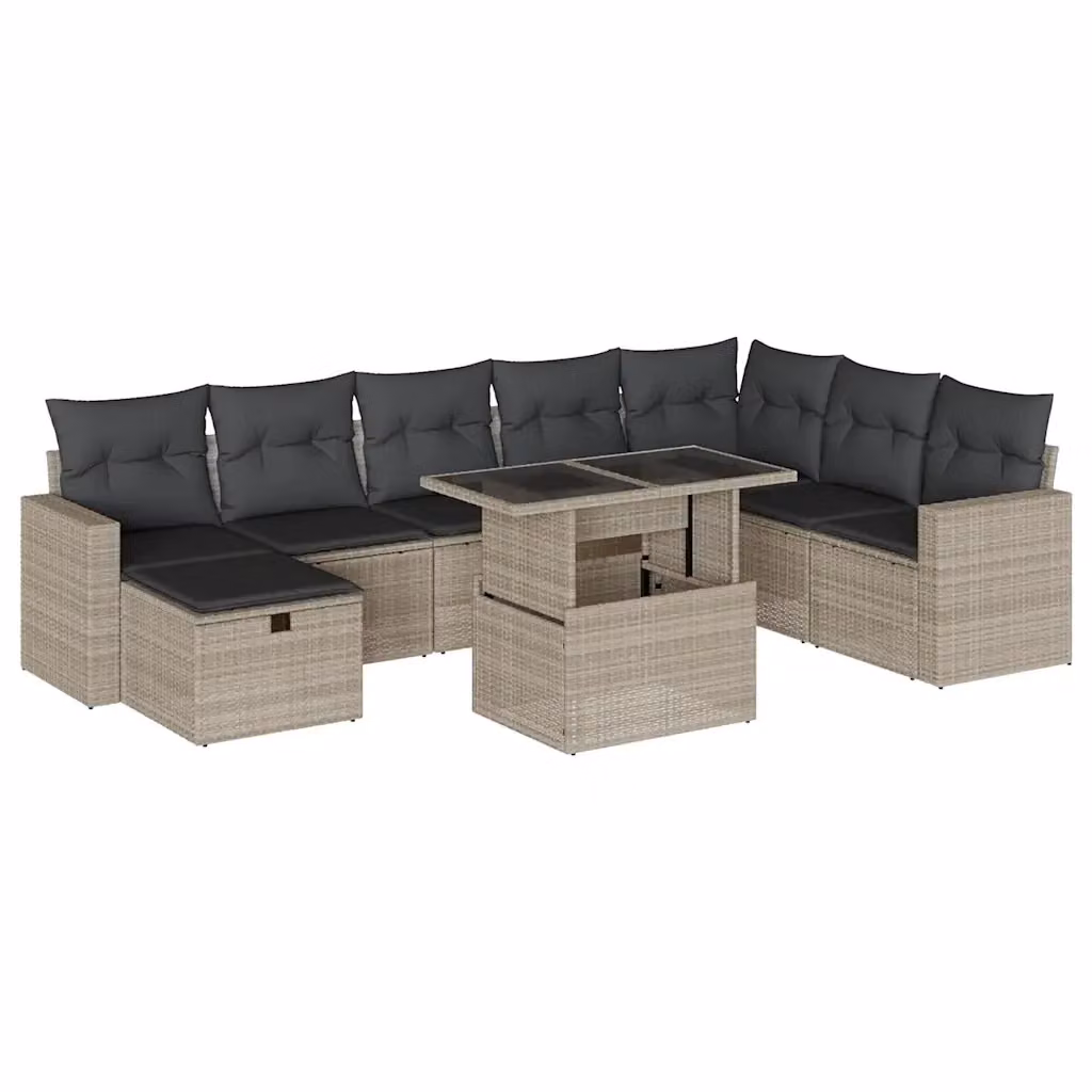 vidaXL Set Divano da Giardino 9pz a Forma di L in Polyrattan Grigio con Cuscini e Tavolino da Caffè – 2