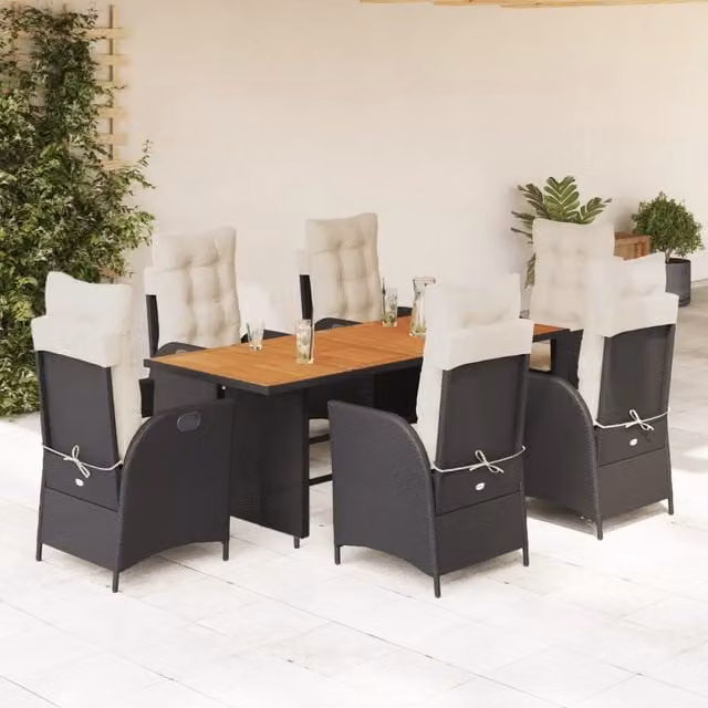 Set da Pranzo da Giardino 7 pz Nero con Cuscini in Polyrattan 3213136
