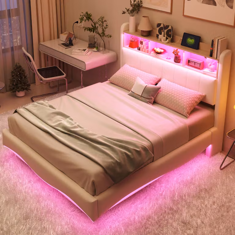 MODFU Letto imbottito Letto per bambini 140×200 multifunzionale con luce LED, porte USB e TYPE-C, design sospeso, senza materasso, beige