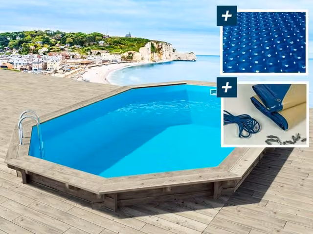 Piscina fuori terra ovale in legno Brazilia 145 Habitat Et Jardin, colori blu e marrone, L: 5,86 m x P: 3,86 m x H: 1,44 m, con filtro, telo a bolle 180 µm e telo invernale 280 g/m²