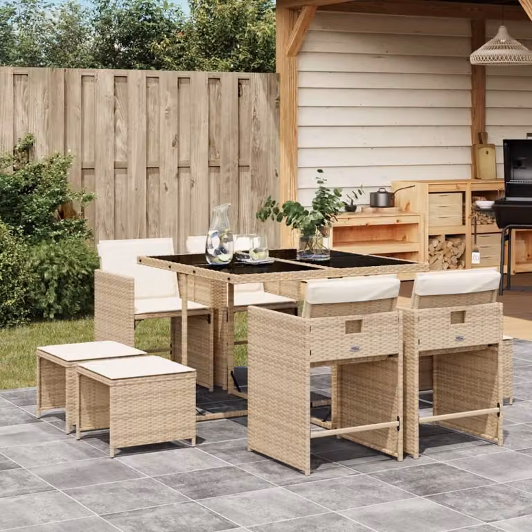 vidaXL Set da Pranzo da Giardino 9 pz in Polyrattan con Cuscini Beige e Piano in Vetro