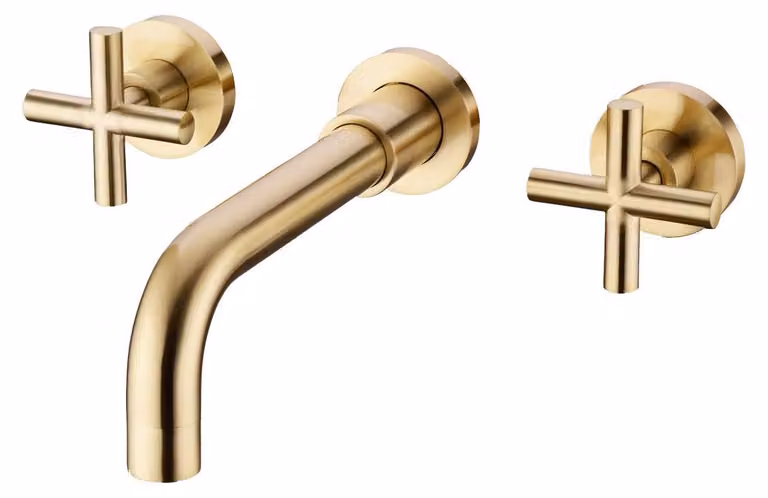 Miscelatore per lavabo in ottone, montaggio a parete, con due manopole, finitura dorata spazzolata, rotazione a 360°
