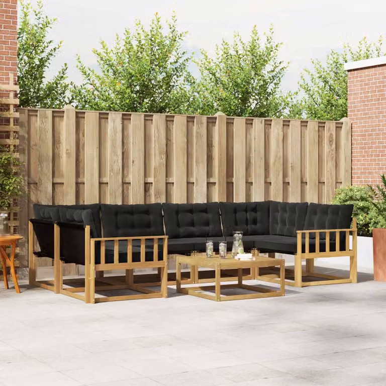 Set di divani da esterno vidaXL 7 pz in legno di acacia con cuscini Bianco e Nero