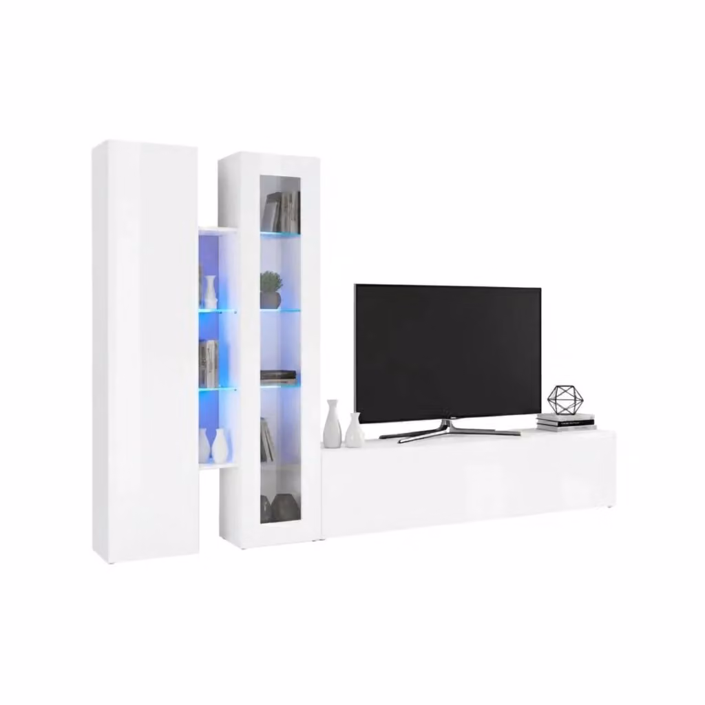 Parete Attrezzata DMORA per Soggiorno Moderna con Illuminazione Integrata e Vetrine, L: 280 cm, P: 30 cm, H: 180 cm, Bianco Lucido – 2