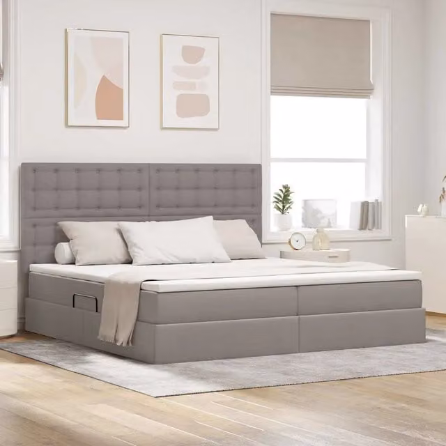 Letto con contenitore e materasso vidaXL in tessuto beige e grigio con illuminazione LED e porte USB L/P/H: 200 x 200 x 128 cm
