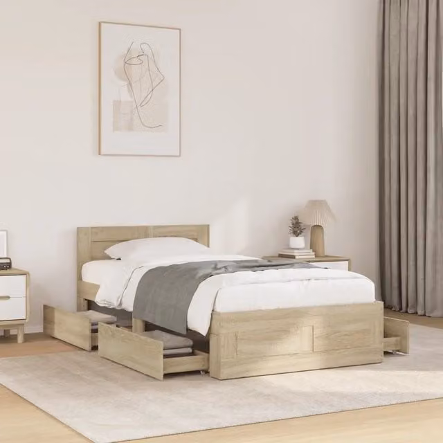 Letto con testiera vidaXL in legno Rovere Sonoma, colore marrone e beige, L: 193 cm, P: 78 cm, H: 151 cm