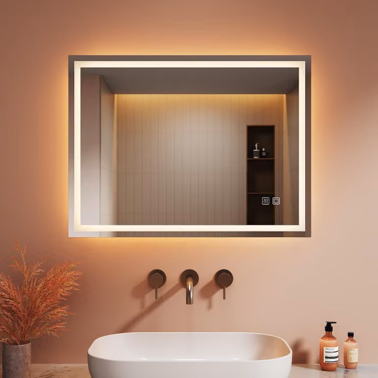Specchio da bagno con illuminazione, 80x60 cm, con intensità regolabile, 3 colori, antiappannamento