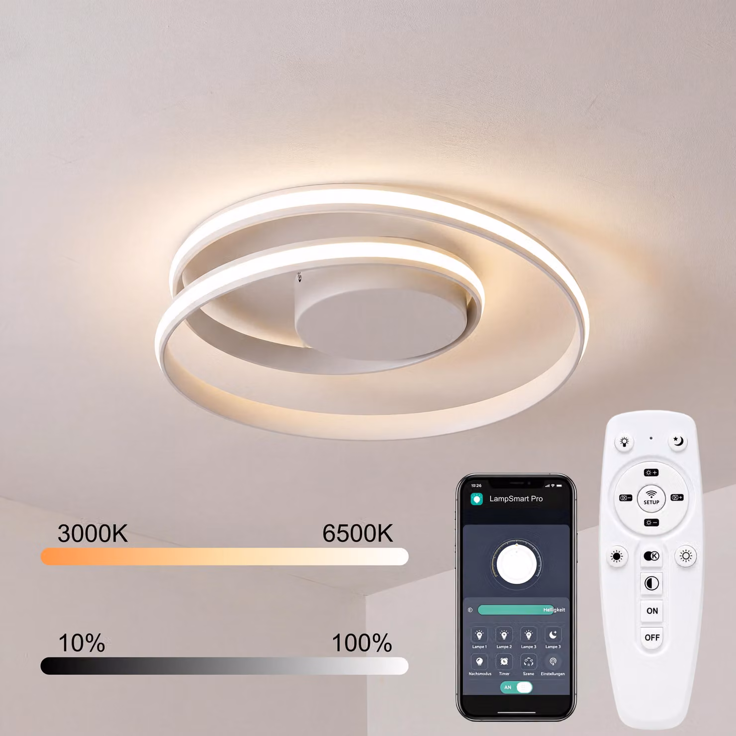 Lampada a soffitto LED intelligente, diametro 50 cm, moderna lampada a forma di anello, controllabile tramite app e telecomando, dimmerabile, temperatura di colore regolabile da 3000 a 6500K, con funzione di memorizzazione