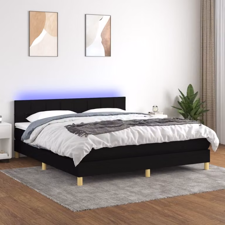 The Living Store Letto a molle con materasso e LED nero 160x200 cm in tessuto