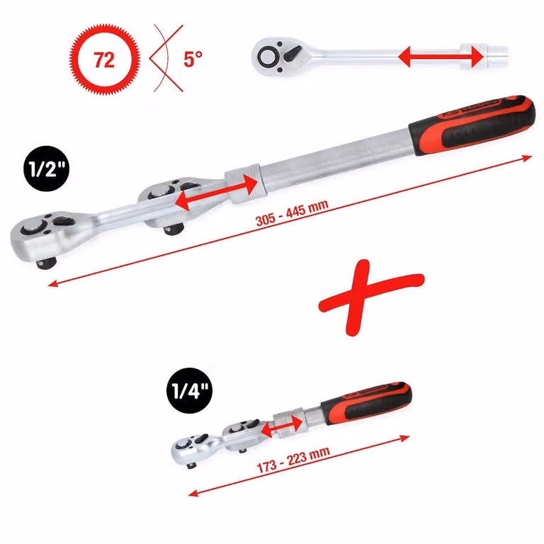 KS TOOLS Set di cricchetti reversibili telescopici da 1/4" + 1/2" 2 pezzi - 914.1412