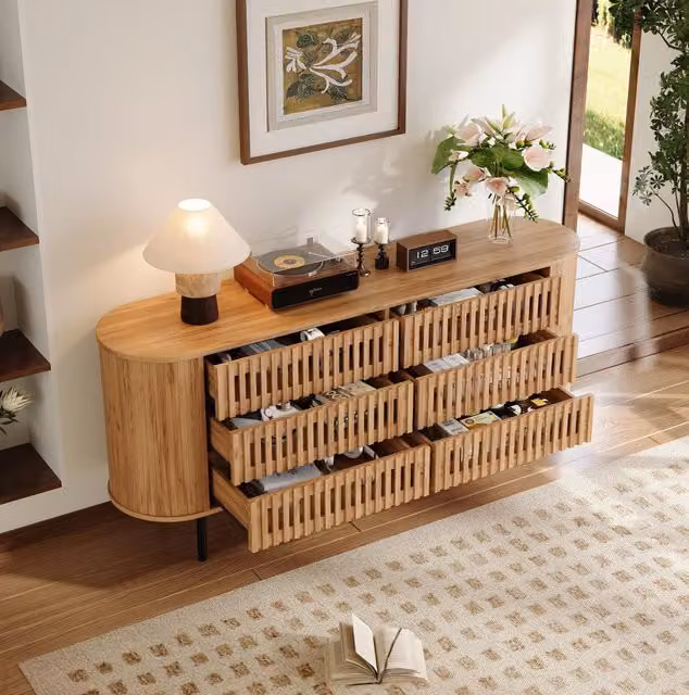 Mobile TV 160x40x70 cm in MDF naturale con 6 cassetti, salvaspazio –
