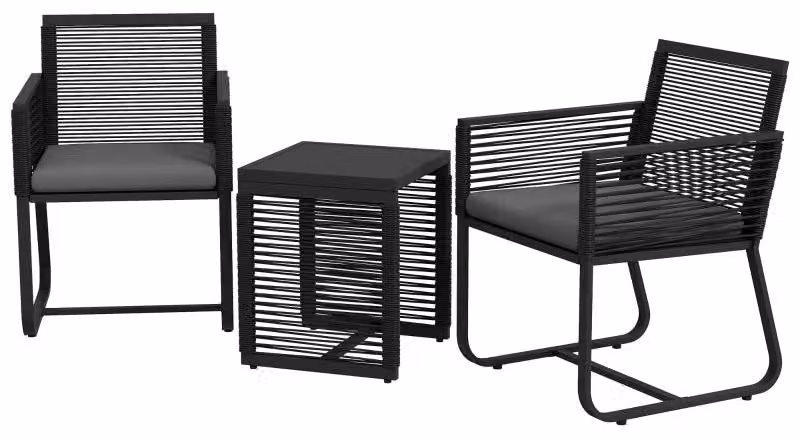 Set da bistrot in rattan, composto da 3 pezzi, con tavolo in vetro | Colore: nero, grigio | Dimensioni: 53x57x77 cm