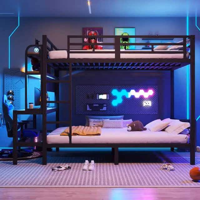 Letto a castello 140 x 200 cm con scrivania e ripiani; LED e USB; struttura in ferro e MDF; nero per cameretta