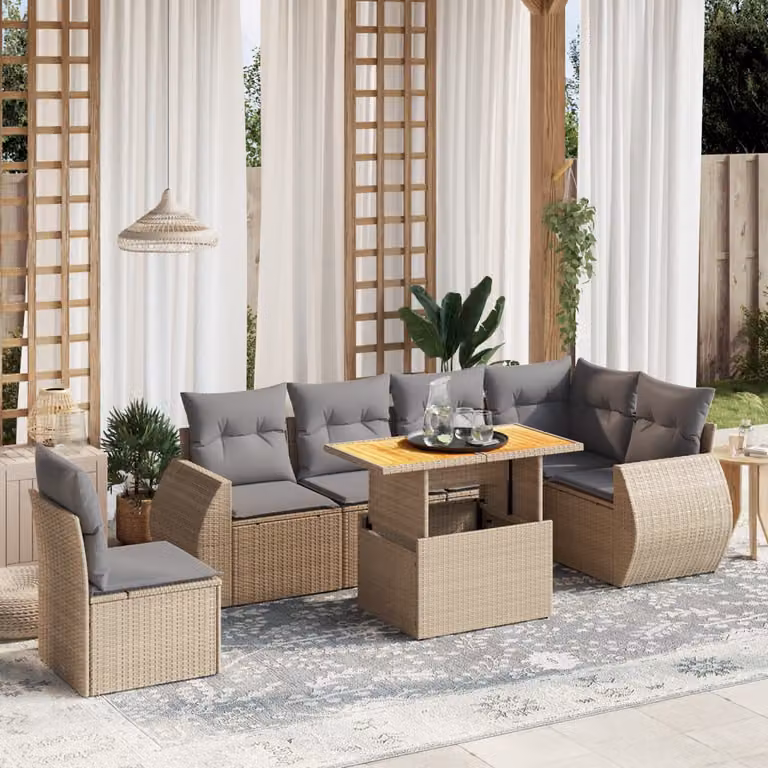 vidaXL Set Divani da Giardino 7 pz a Forma a L in Polyrattan con Cuscini Beige e Grigio