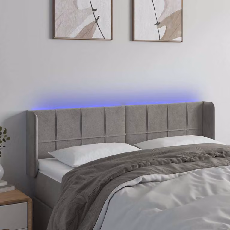 Testiera per letto vidaXL in velluto grigio chiaro con illuminazione LED e porta USB, L 147 x P 16 x H 78/88 cm
