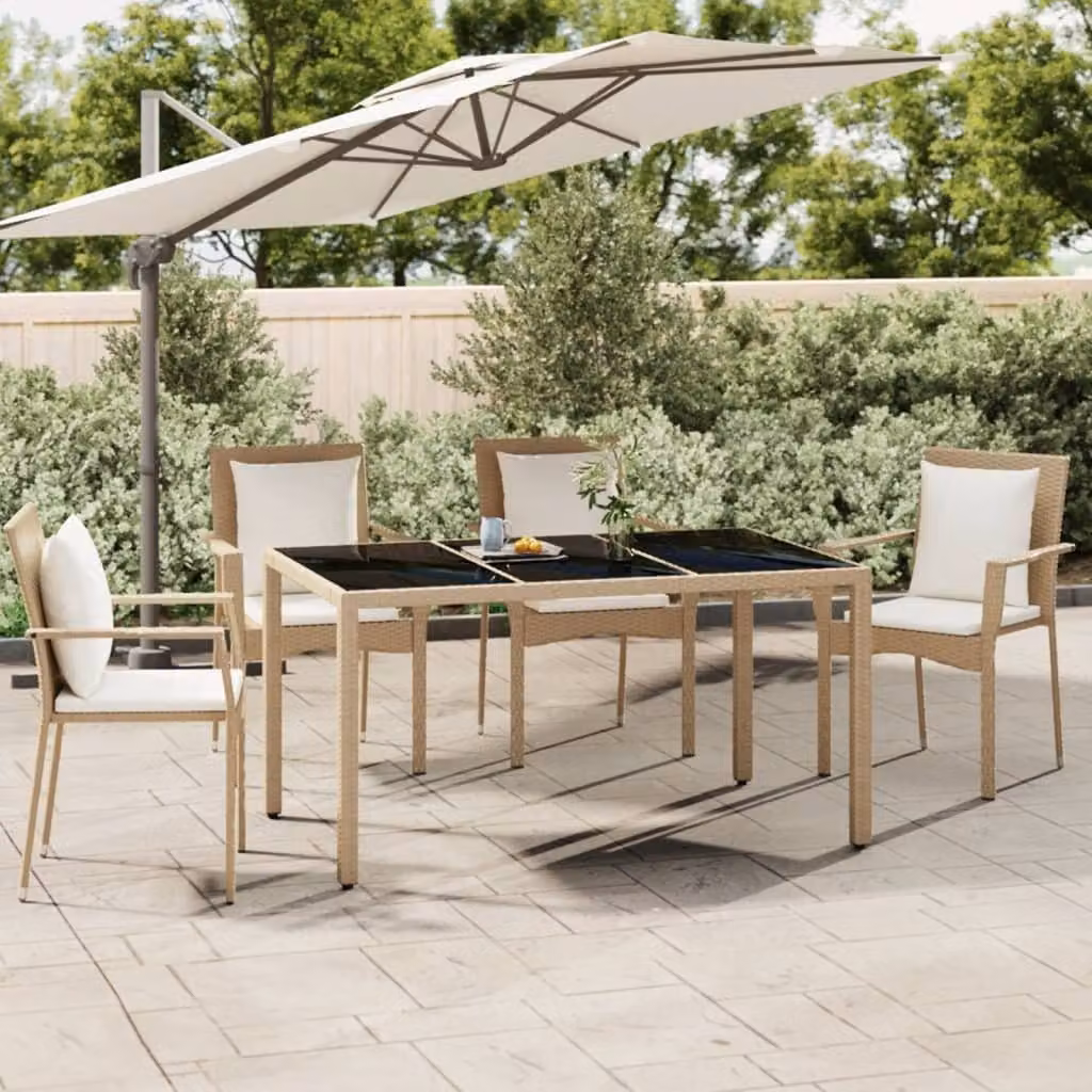 The Living Store Tavolo da giardino con piano in vetro Beige Poly Rattan e vetro temperato