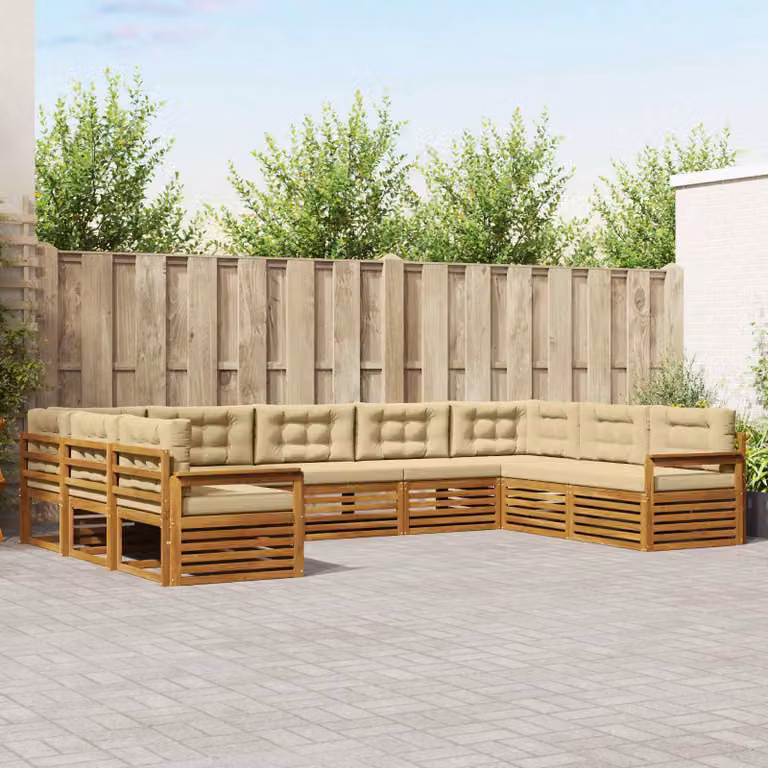 Set di divani da esterno vidaXL a forma di U composto da 9 pezzi in legno di acacia con cuscini beige e marrone