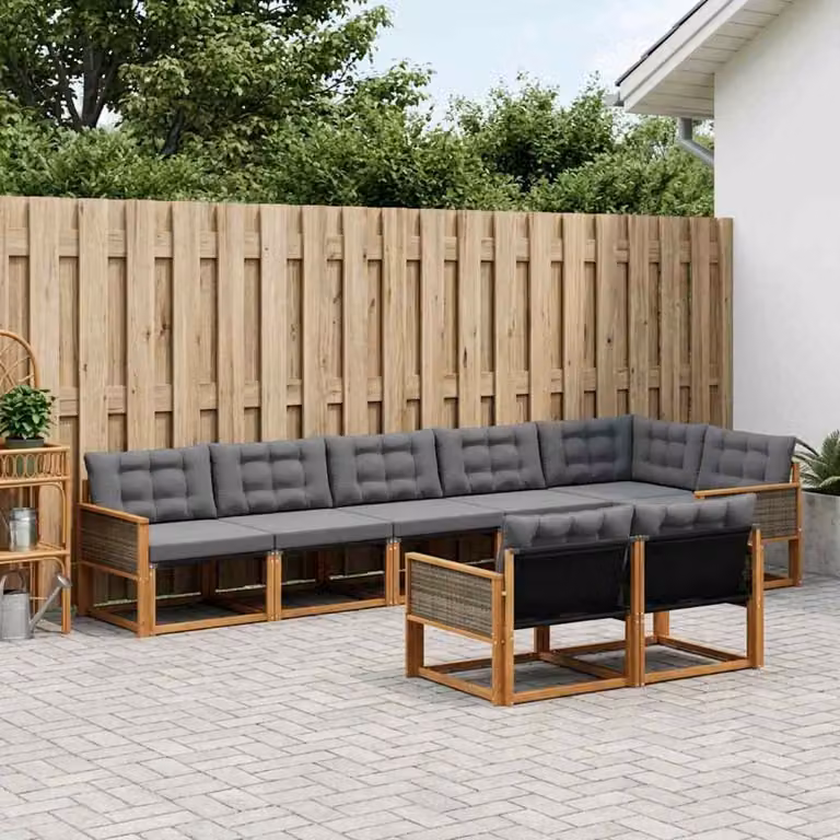 Set di divani da esterno vidaXL a forma di L in legno di acacia con cuscini, 8 pezzi, Naturale e Nero