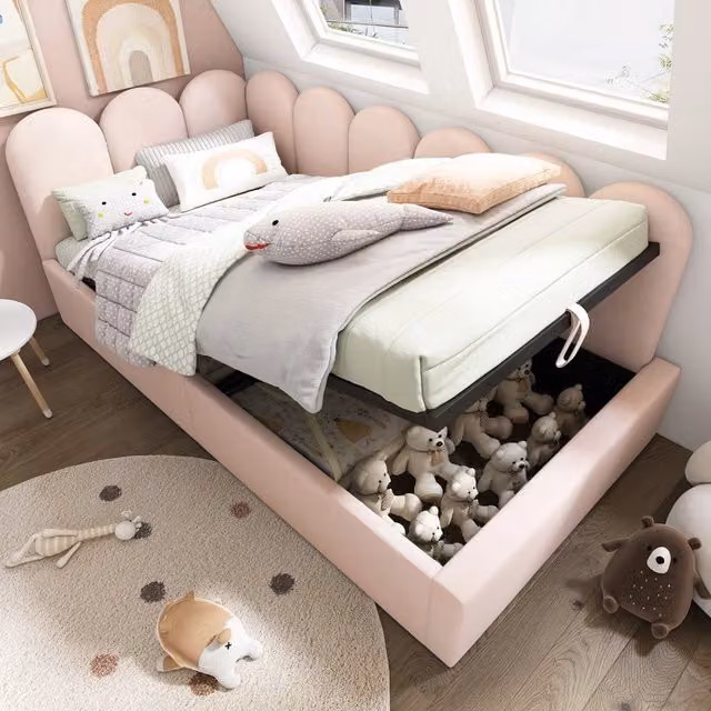 Letto divano singolo 200×90 cm con contenitore idraulico e schienale imbottito, senza materasso, velluto rosa