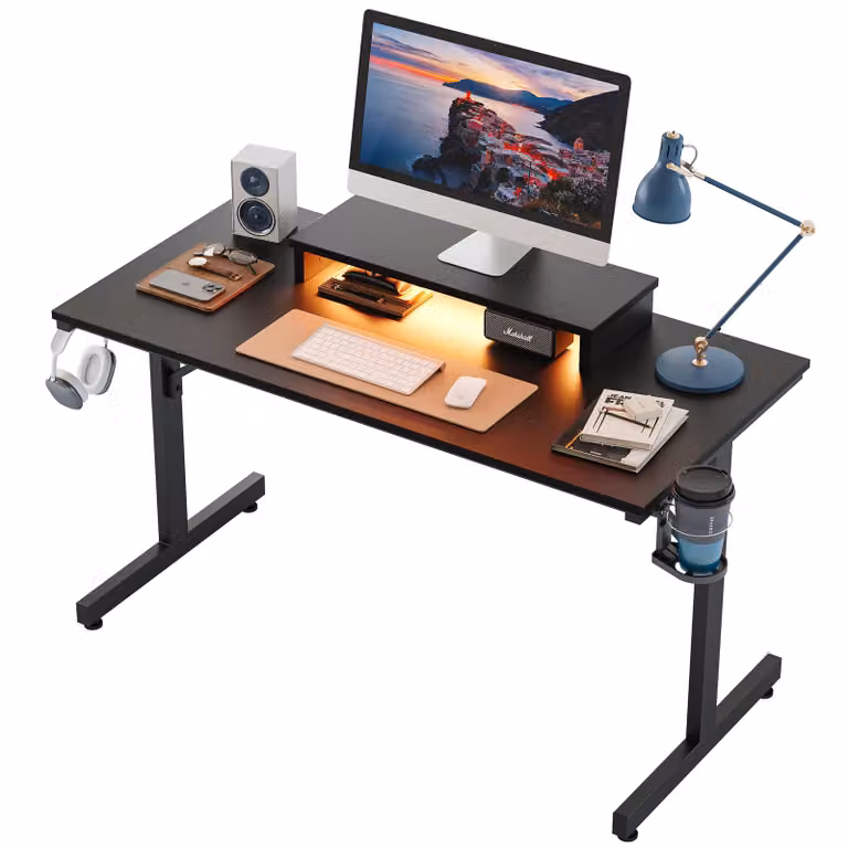 Scrivania da gaming Bestier 107 cm piccola con LED, tavolo da gaming, gancio per cuffie e portabicchieri, tavolo per computer