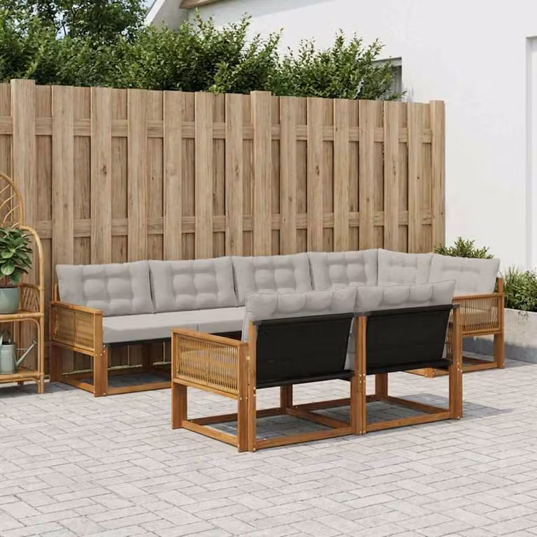 Set di divani da esterno vidaXL a forma di L composto da 7 pezzi in legno di acacia con cuscini beige e grigi per giardino e terrazza