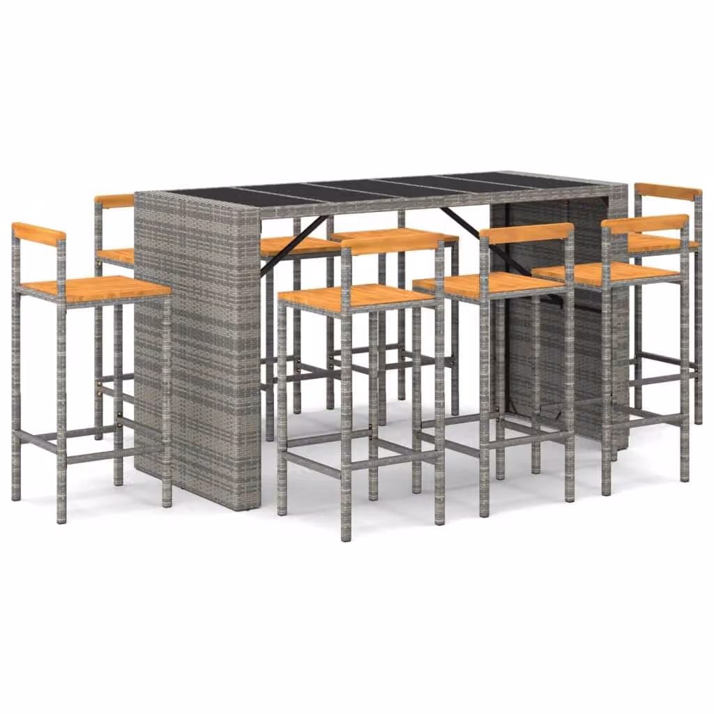 Set Bar Giardino 9pz Grigio Polyrattan e Legno Massello Acacia