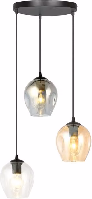 Lampadario a soffitto Luceart-Classic Paoxi con 3 luci, base tonda in acciaio nero e vetri ambra, trasparente e fumè