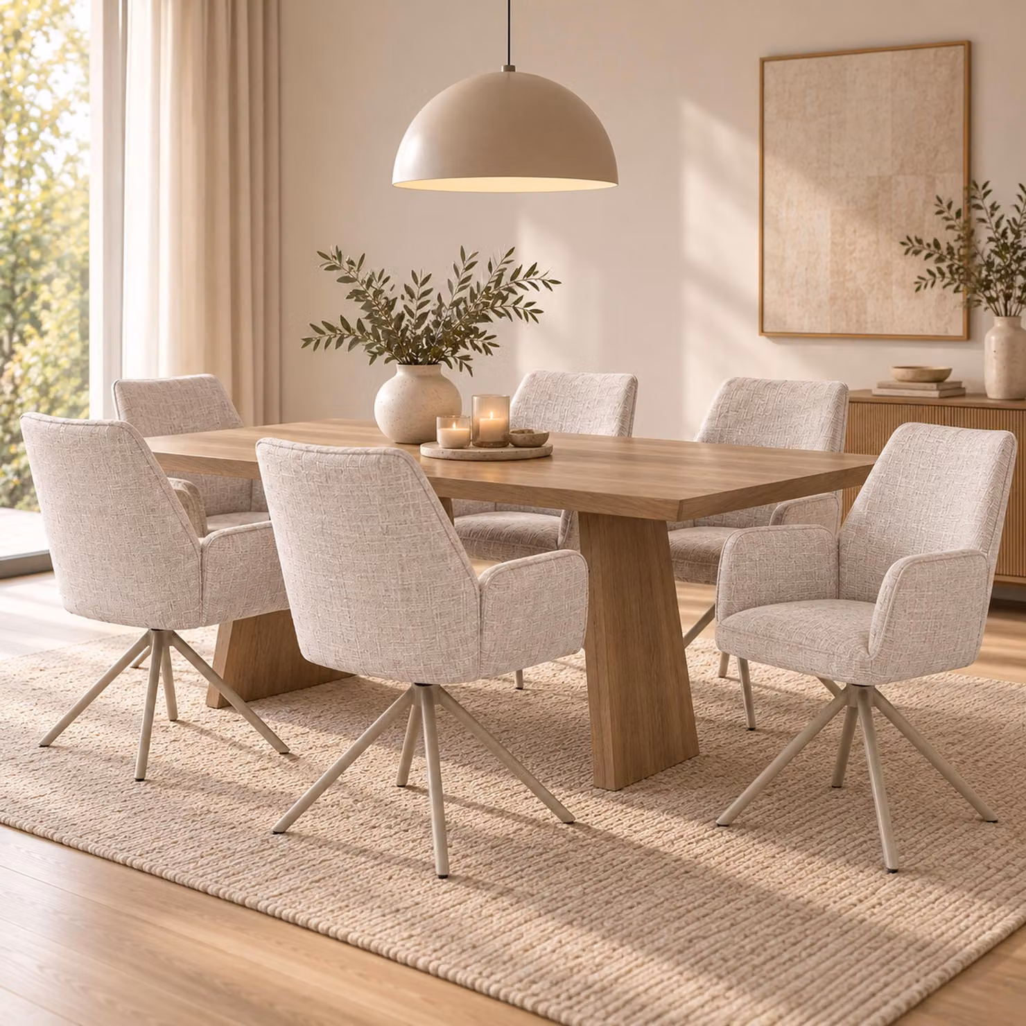 Set di 6 sedie da pranzo modello HWC-G67, girevoli, con meccanismo di auto-regolazione, rivestite in tessuto chenille (410g/m²), struttura color crema
