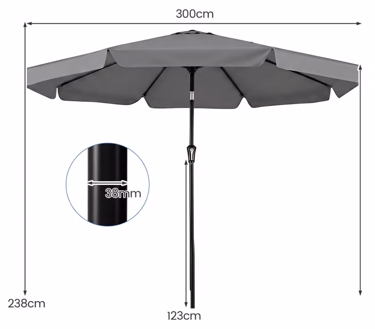 KOMFOTTEU, ombrellone da giardino da 300 cm, con angolo di inclinazione regolabile di 30°, palo in metallo, 8 stecche, manovella. Ombrellone da esterno per terrazza, con elegante bordo frangiato, ideale per giardino, terrazza e spiaggia. Ombrellone da mer