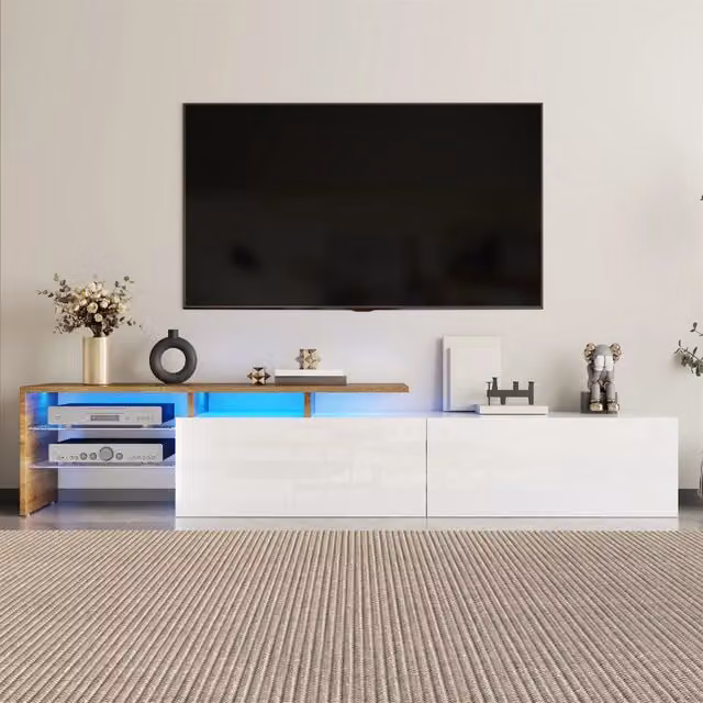 Mobile TV moderno REDOM con illuminazione LED integrata, Bianco e Vetro, L: 170 cm, P: 33 cm, H: 33,5 cm