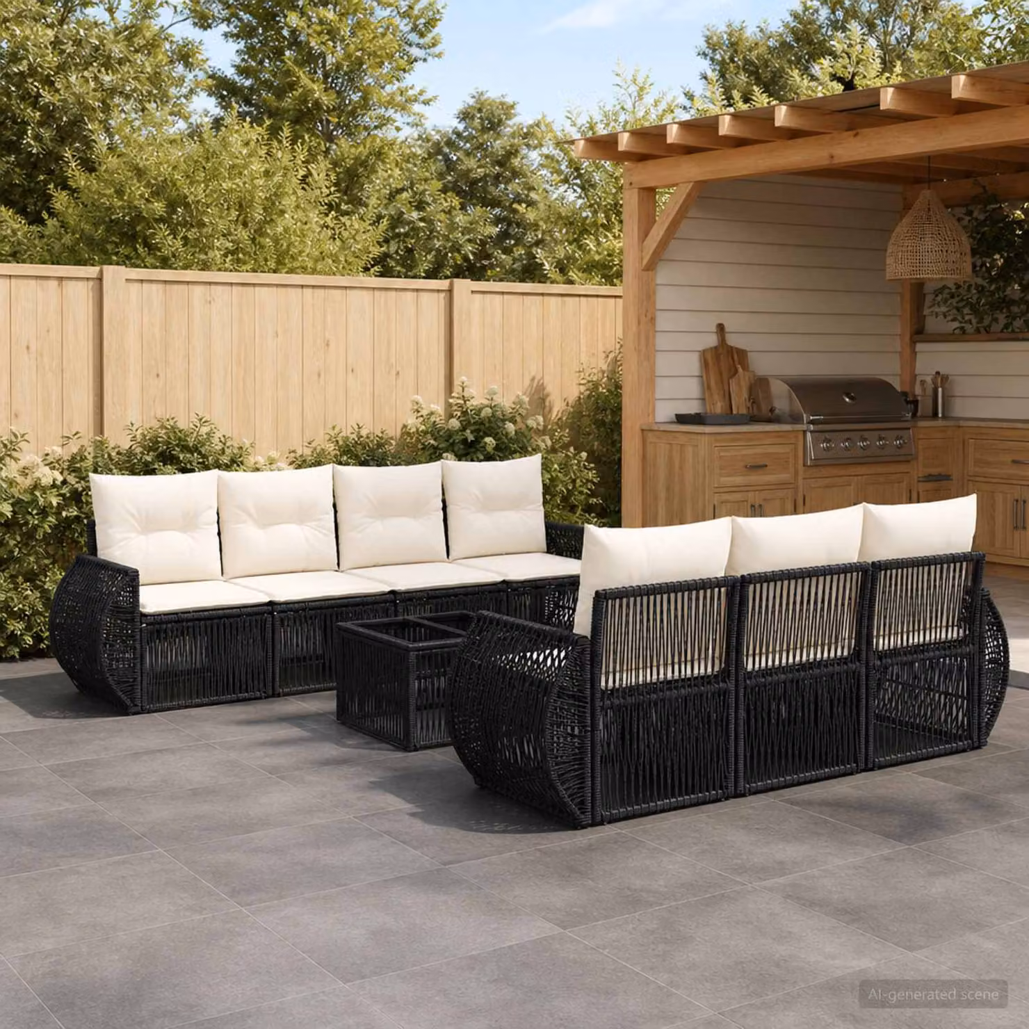 Set Divano da Giardino vidaXL 8 pz Nero con Poltrona, Divani e Tavolino in Polyrattan e Acciaio con Cuscini Inclusi