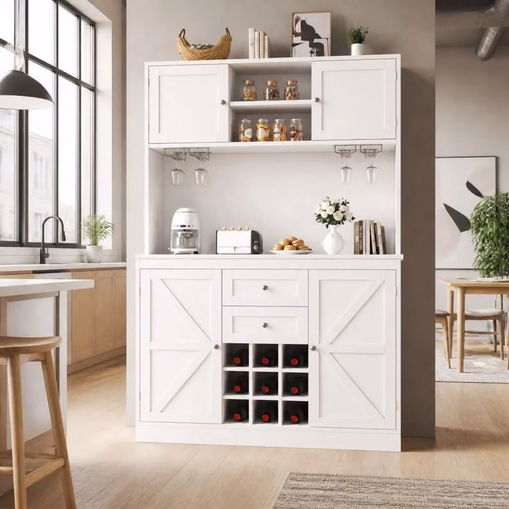 Credenza da cucina Mivray bianca in MDF con 4 ante, cassetti, ripiani regolabili e portabottiglie L/P/H: 120 x 40 x 188 cm – 2