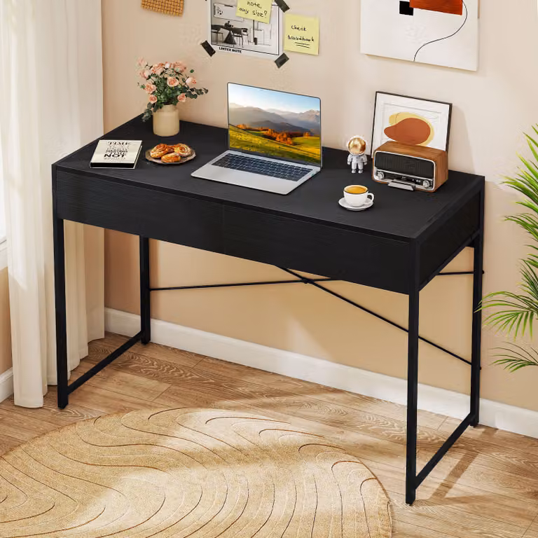 Scrivania da computer Costway moderna con telaio in metallo e 2 cassetti, colore nero