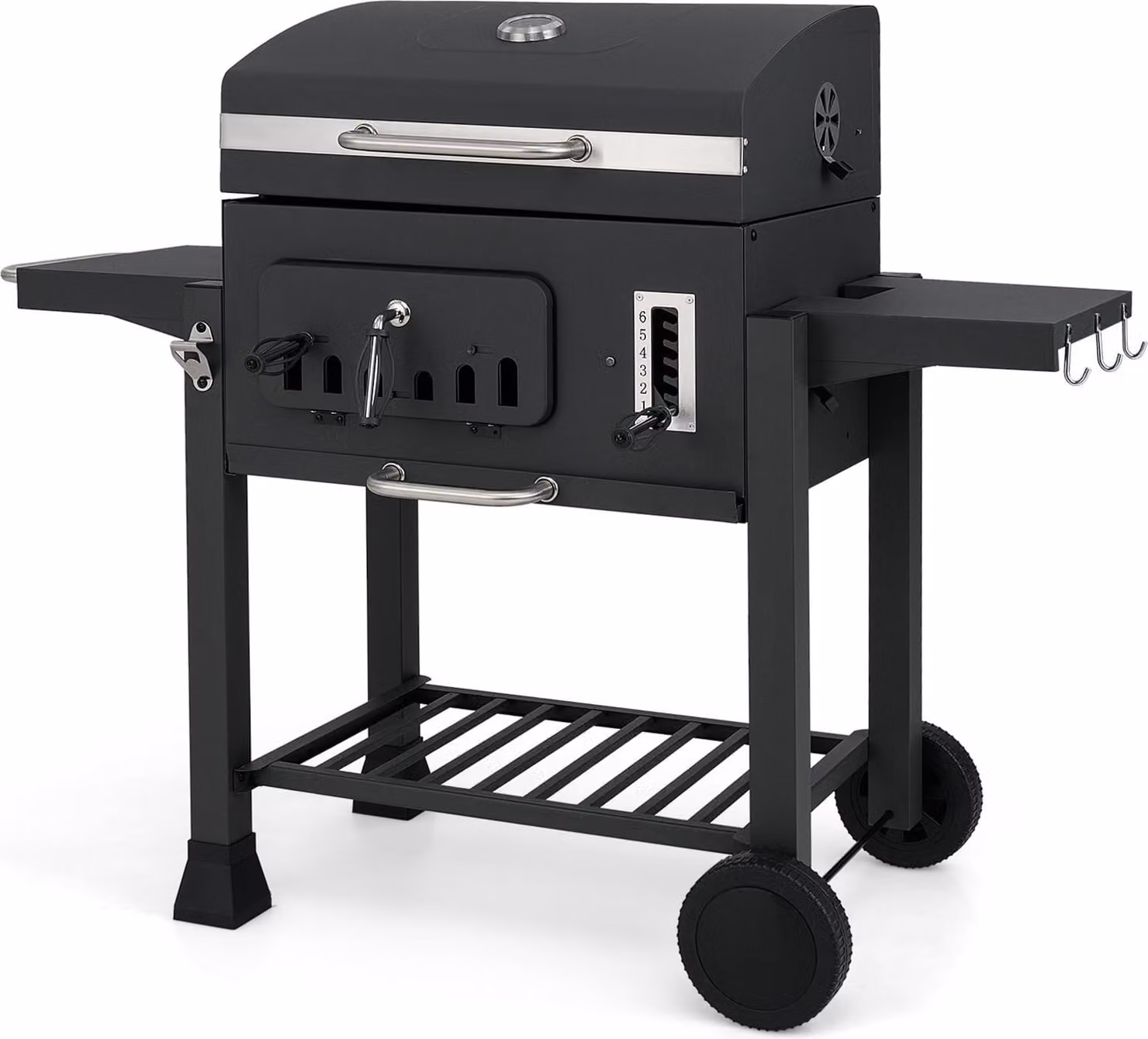Barbecue a carbone con tavoli laterali pieghevoli, altezze regolabili