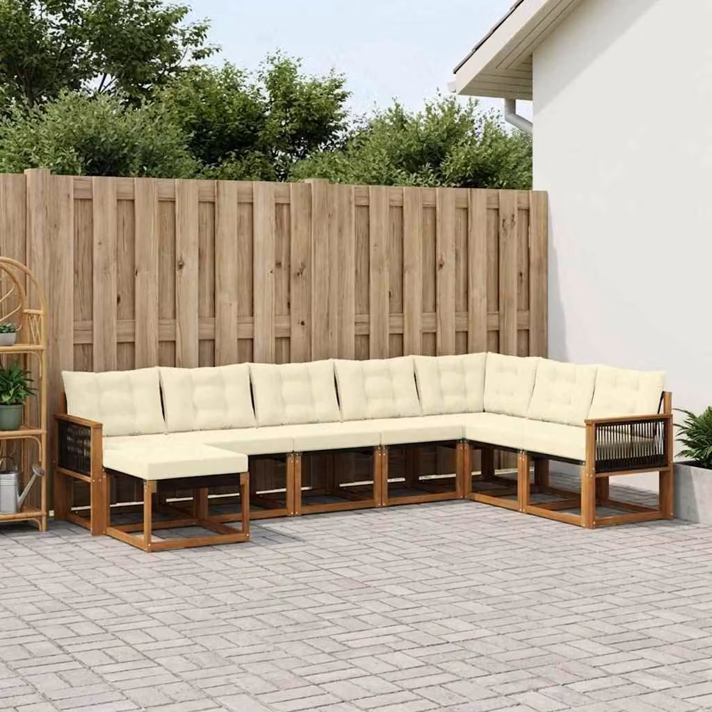 Set di divani da esterno moderno vidaXL in legno di acacia con textilene, 8 pezzi, Naturale e Crema
