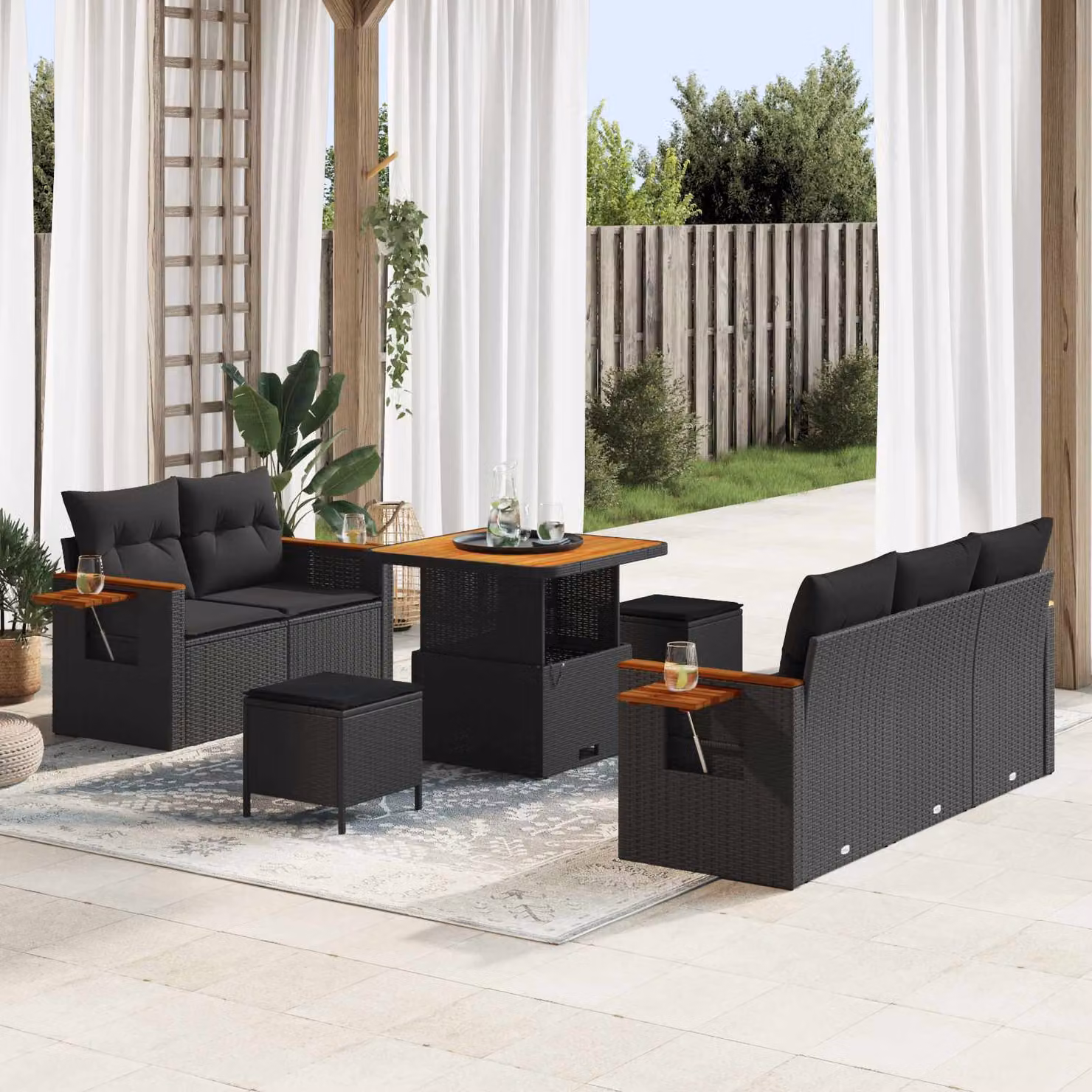 Set Divano da Giardino vidaXL 10 Pezzi Nero con Cuscini e Tavolino in Polyrattan e Metallo – 1