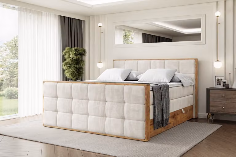 Letto boxspring ALTDECOR con materasso e rete a doghe, topper, pediera, letto imbottito con contenitore, letto con vano portaoggetti, materassi H3 e H4, letto matrimoniale -LOLLI7-Z KING-140x200 - Beige Casablanca