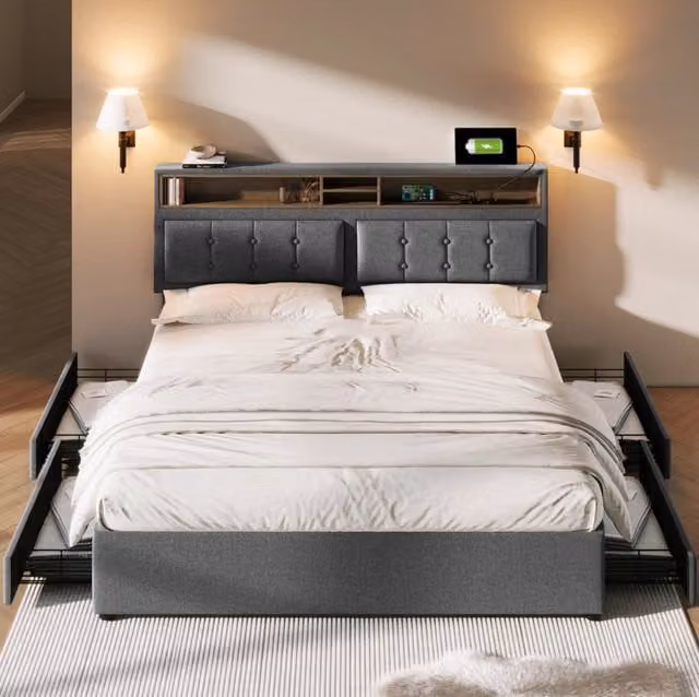 Letto matrimoniale 140x200 cm in lino grigio con cassetti per camere piccole, senza materasso –