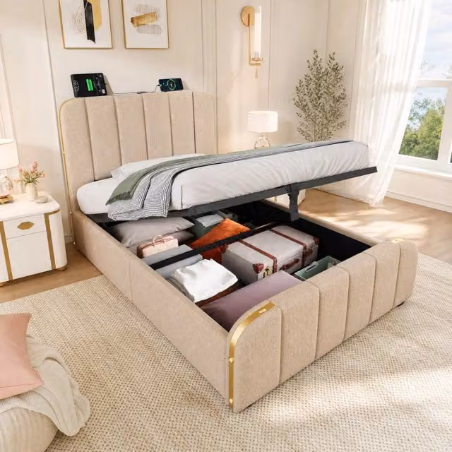 Letto singolo 90x200 cm con contenitore idraulico; USB-C; tessuto beige