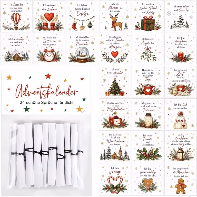 Calendario dell'Avvento per la mindfulness, 24 cartoncini quadrati, con affermazioni positive, per il mese di dicembre