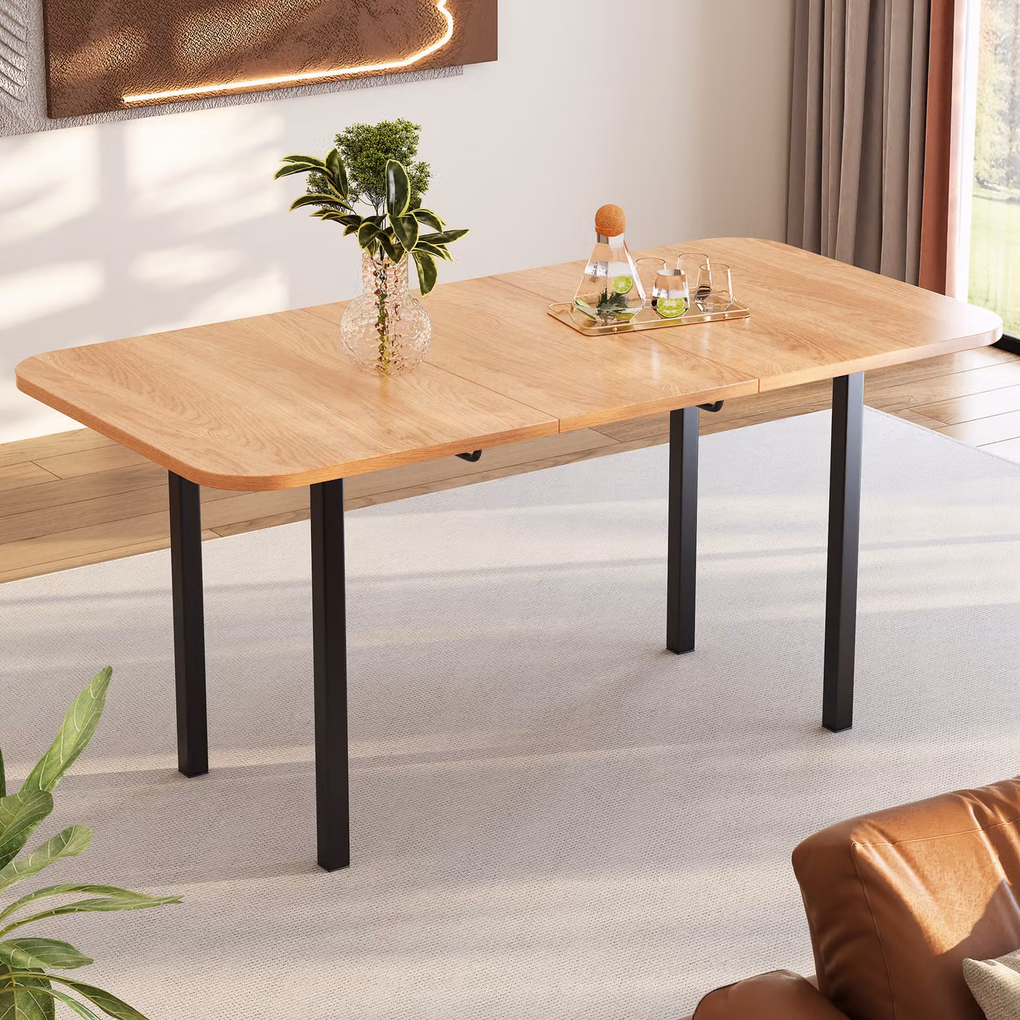 okwish Tavolo da pranzo allungabile e pieghevole 120/160 x 80 x 75 cm, tavolo rettangolare da salotto, tavolo pieghevole e ripiegabile, finitura naturale
