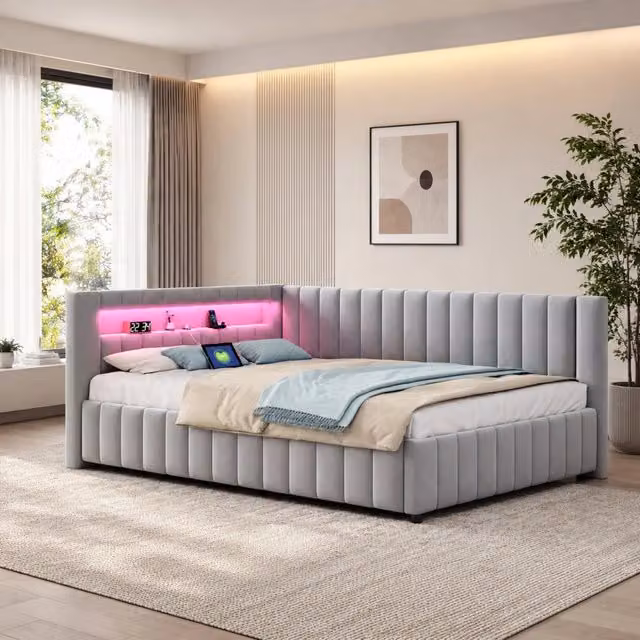 Divano letto angolare ULEVR 140x200 cm con LED multicolore, porta USB, schienale e testiera, velluto grigio