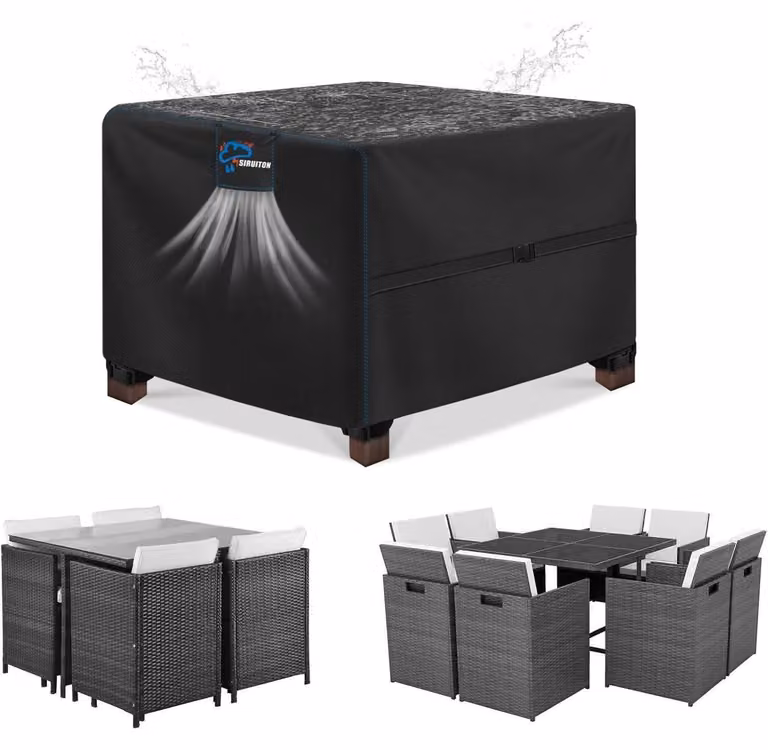Copertura per mobili da giardino, dimensioni 150 x 90 x 75 cm, in rattan, impermeabile, realizzata in tessuto Oxford 420D. Copertura per tavolo da esterno con fessure di ventilazione, colore nero