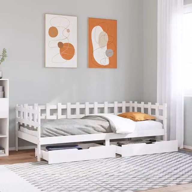 Dormeuse con Cassetti Bianco 90x200 cm Legno Massello di Pino 3302129